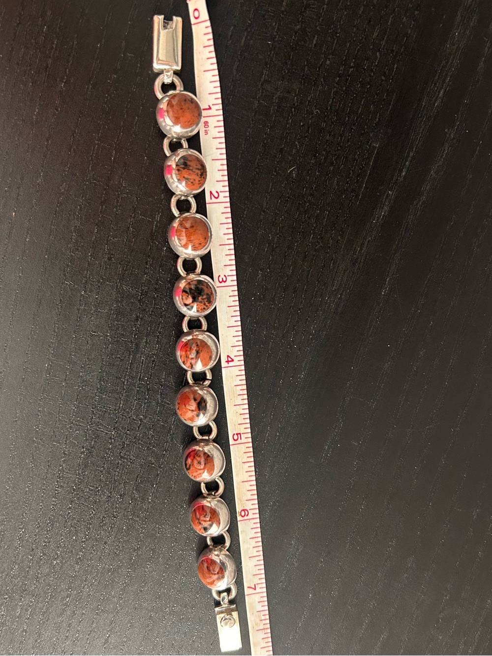 7” Red Jasper & Sterling Silver Cabochon Articulated Link Bracelet 925 Vintage! - Picture 6 of 9